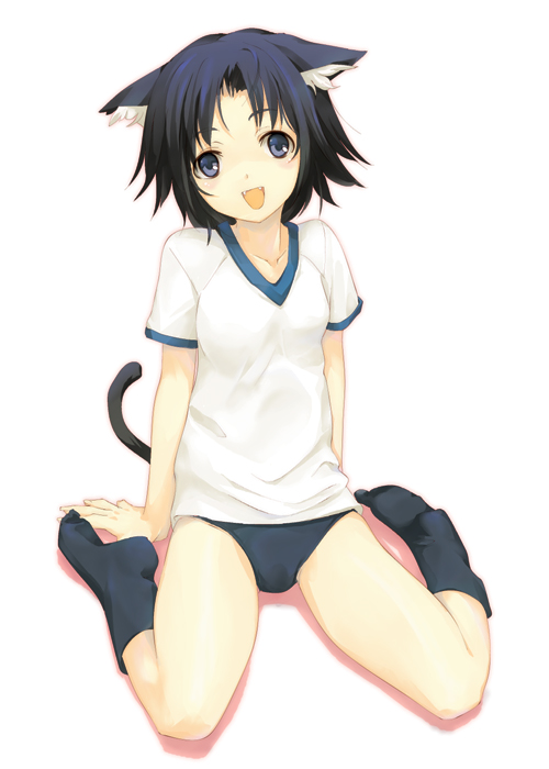 arm_support, black_hair, bloomers, blue_eyes, blue_hair, blush, buruma, cat_ears