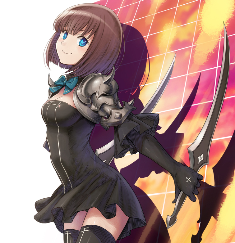 amazora_(terra_battle), armor, blue_eyes, brown_hair, dress, dual_wielding, elbow_gloves, gloves