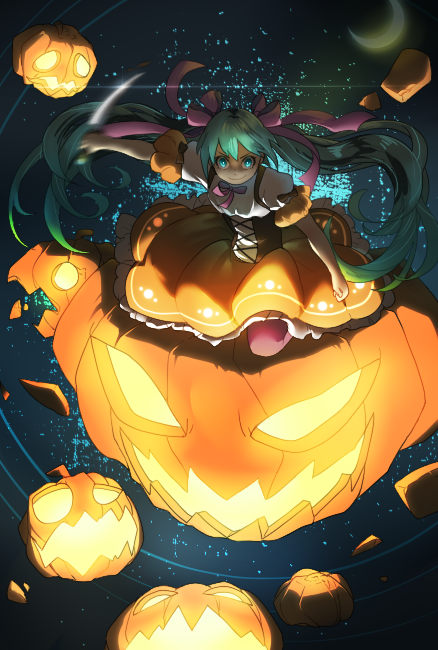 1girl, aqua_eyes, aqua_hair, halloween, hatsune_miku, jack-o'-lantern, knife, long_hair, looking_at_viewer, mio_(jian_wei), moon, skirt, smile, solo, twintails, very_long_hair, vocaloid