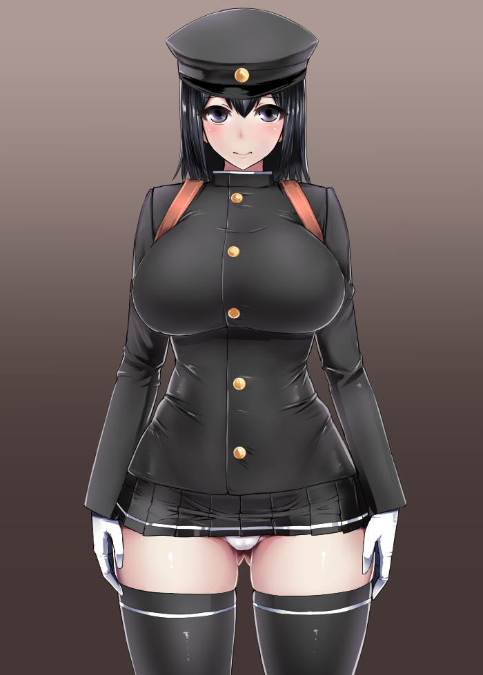 1girl, akitsu_maru_(kantai_collection), black_eyes, black_hair, black_legwear, breasts, brown_background, gloves