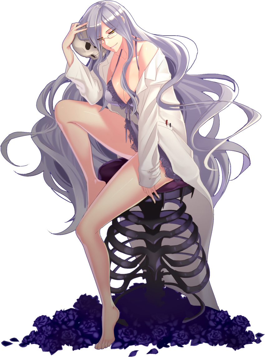 1girl, babydoll, barefoot, belinda, breasts, cleavage, flower, glasses, highres, ktsis, labcoat, large_breasts, lingerie, long_hair, off_shoulder, open_clothes, open_shirt, pen, purple_hair, ribs, skeleton, skull, smile, solo, stool, underwear, unlight, yellow_eyes