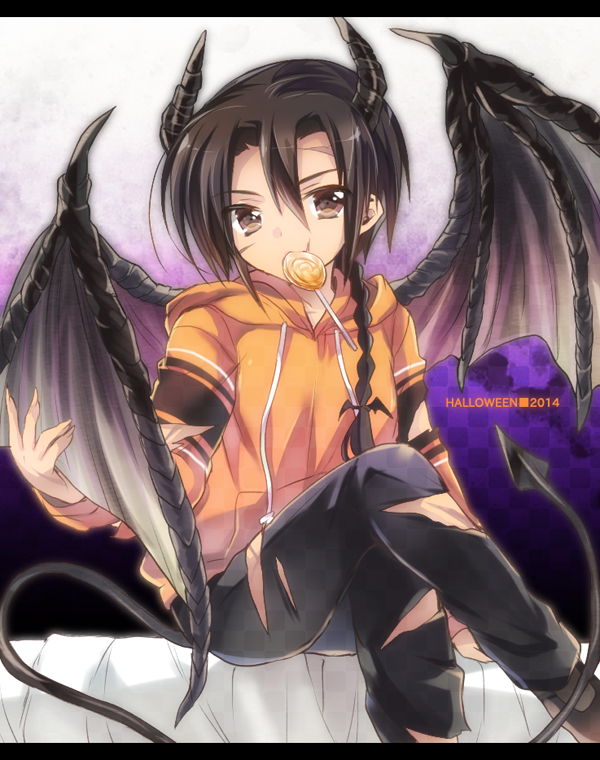 1boy, bat_wings, black_hair, braid, brown_eyes, candy, demon_tail, halloween, hoodie, horns, khamsin_nbh'w, lollipop, long_hair, male, scar, shakugan_no_shana, sitting, tachitsu_teto, tail, torn_clothes, wings