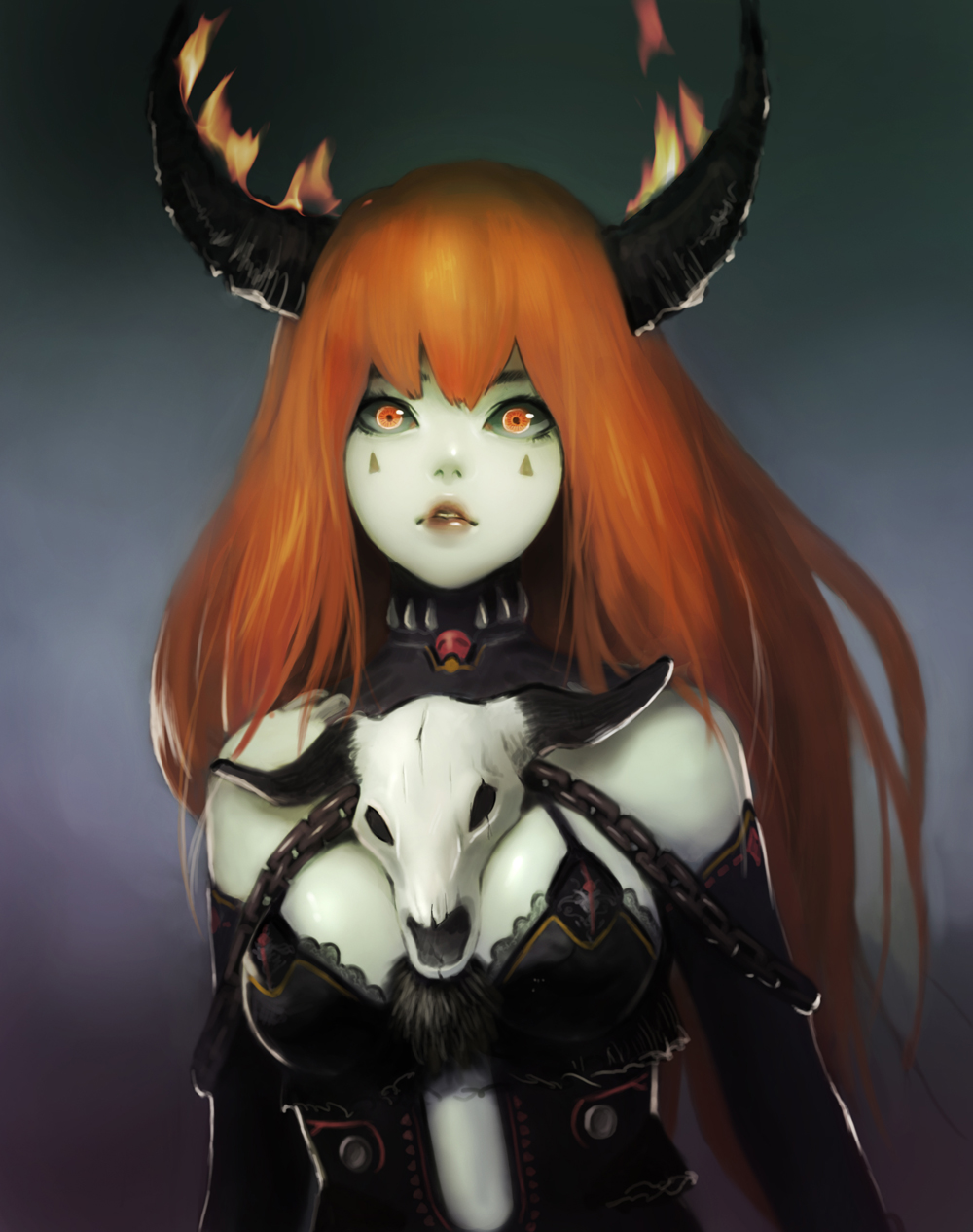 1girl, black_sclera, breasts, chain, cleavage, fire, highres, horns