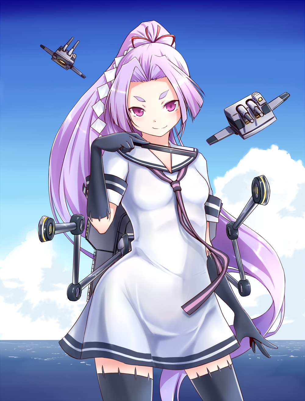 1girl, akizuki_rito, black_gloves, black_legwear, cannon, clouds, dress, fan