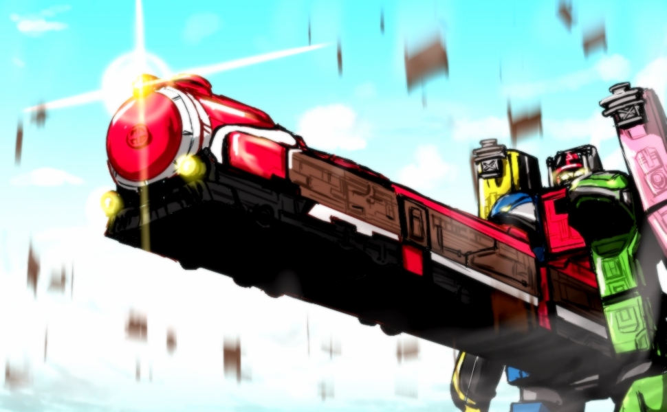 glint, glowing, glowing_eyes, mecha, neo_armstrong_cyclone_jet_armstrong_cannon, no_humans, ressha_sentai_toqger, sky