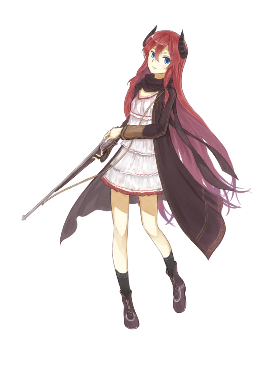 1girl, blue_eyes, borrowed_character, coat, dress, erica_(acerailgun), gun, highres, horns, long_hair, original, payot, redhead, rifle, shadow2810, shoes, simple_background, small_breasts, transparent_background, very_long_hair, weapon