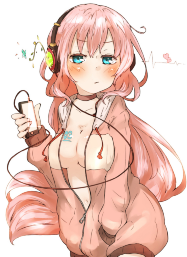 1girl, amonitto, aqua_eyes, blush, breasts, cardigan, choker, cleavage