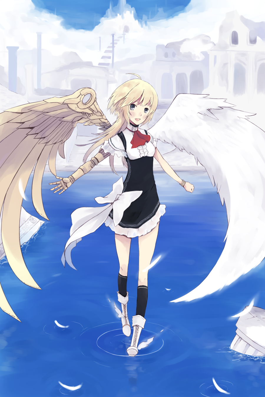 1girl, angel, angel_wings, asymmetrical_wings, bangle, blonde_hair, borrowed_character, bow, bracelet, cassie_(acerailgun), cravat, cyborg, dress, feathers, full_body, grey_eyes, highres, jewelry, long_hair, mechanical_arm, mechanical_wings, original, shadow2810, small_breasts, walking, walking_on_water, wings