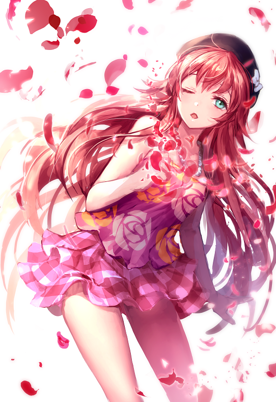 1girl, blue_eyes, irua, long_hair, looking_at_viewer, one_eye_closed, open_mouth, petals