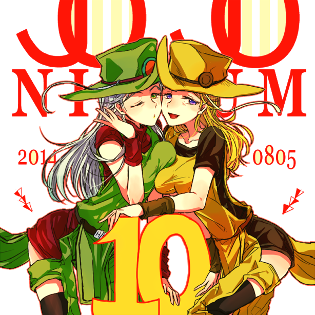 2girls, blonde_hair, blue_eyes, breasts, cowboy_hat, dual_persona, genderswap, green_eyes