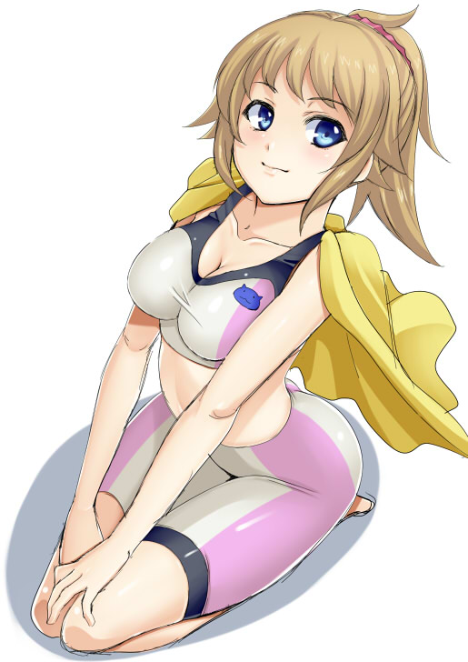 1girl, bike_shorts, blue_eyes, breasts, cleavage, gundam, gundam_build_fighters, gundam_build_fighters_try