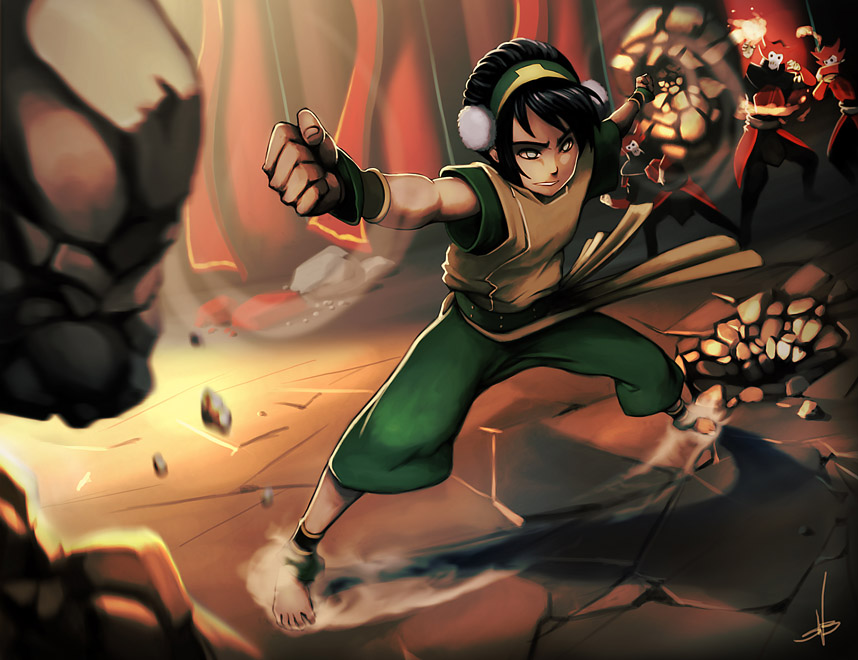 1girl, 3boys, ankle_cuffs, avatar:_the_last_airbender, barefoot, battle, black_hair, blind