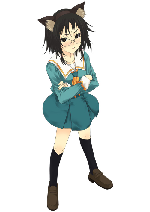 brown_eyes, brown_hair, cat_ears, chika_ogiue, cosplay, genshiken, glasses, kamishakujii_renko, kamishakujii_renko_(cosplay), kujibiki_unbalance, mizuki_makoto, nekomimi, ogiue_chika, school_uniform, seifuku, solo