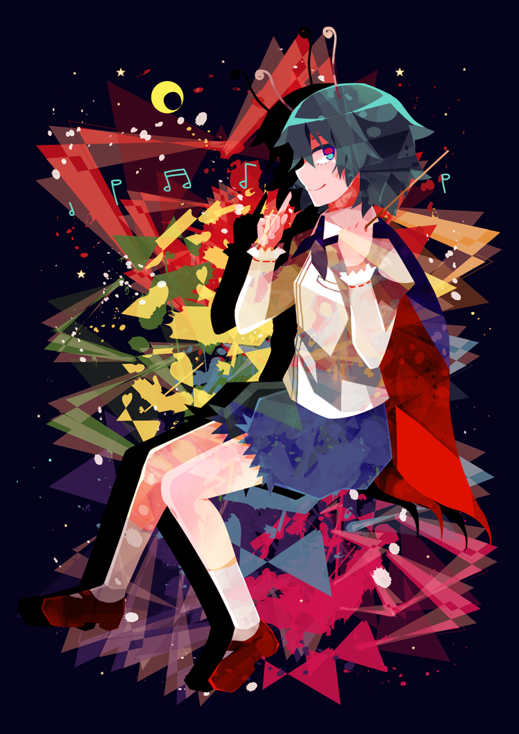 1girl, antennae, cape, crescent_moon, from_side, green_eyes, green_hair, hazuki_shino