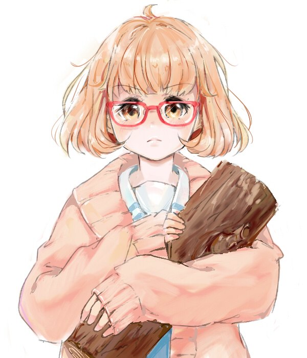1girl, cardigan, crossover, glasses, kuriyama_mirai, kyoukai_no_kanata, log, log_lady, margaret_lanterman, pink_eyes, pink_hair, red-framed_glasses, school_uniform, short_hair, twin_peaks, womu
