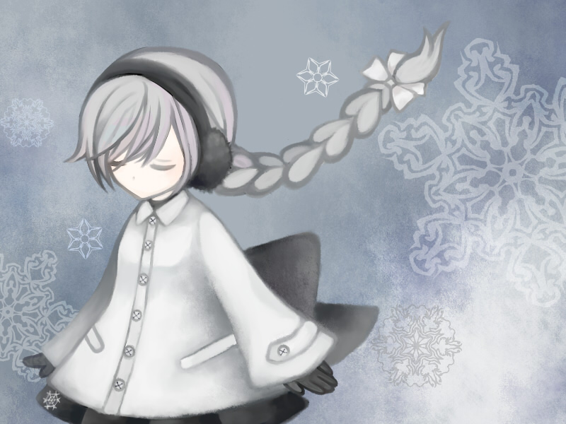 closed_eyes, coat, earmuffs, gloves, hair_ribbon, headset, ribbon, sekka_yufu, silver_hair, solo, tsunoyomogi_amahashi, utau