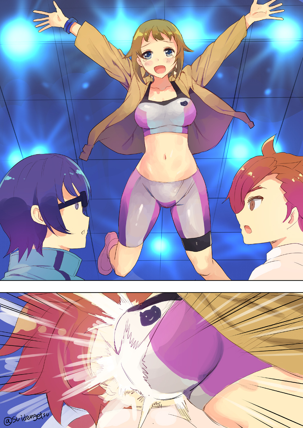 1girl, 2boys, bike_shorts, blue_eyes, blue_hair, brown_hair, dougi, glasses, gundam, gundam_build_fighters, gundam_build_fighters_try, highres, hoshino_fumina, incoming_hug, jacket, jumping, kamiki_sekai, karate_gi, kousaka_yuuma, midriff, multiple_boys, navel, redhead, sports_bra, suidengetsu, tears