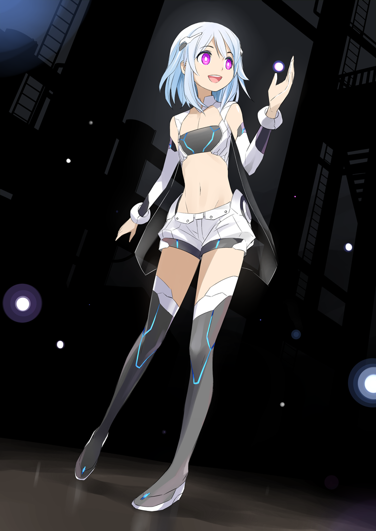 1girl, alpha_(acerailgun), blue_hair, boots, borrowed_character, detached_sleeves, flat_chest, full_body