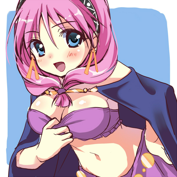 1girl, blue_background, blue_eyes, bra, breasts, cape, cleavage, earrings