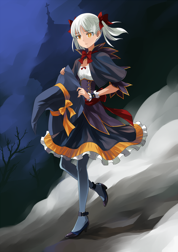 1girl, borrowed_character, bow, capelet, cecilia_(acerailgun), frilled_skirt, frills, full_body, hair_ribbon, hat, holding, holding_hat, kriss_sison, orange_eyes, original, ribbon, shoes, skirt, small_breasts, solo, twintails, white_hair, witch_hat, wrist_cuffs