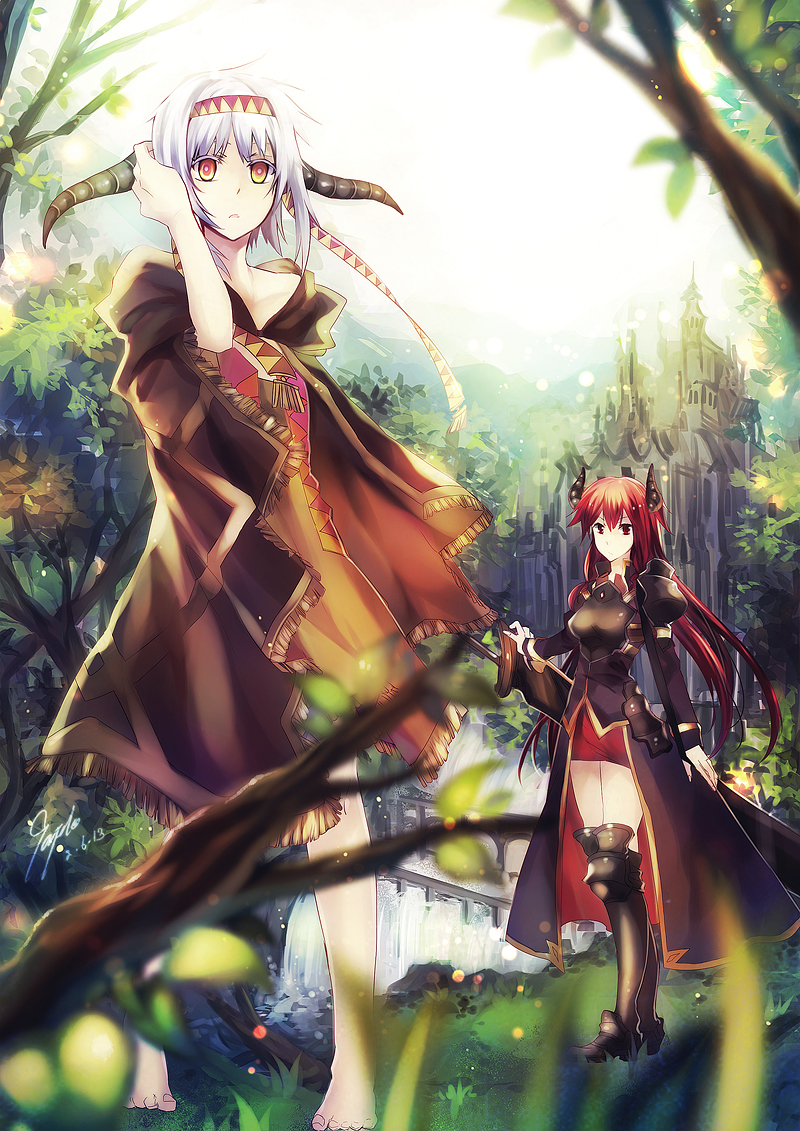 2013, 2girls, armor, barefoot, borrowed_character, cecilia_(acerailgun), city, cloak