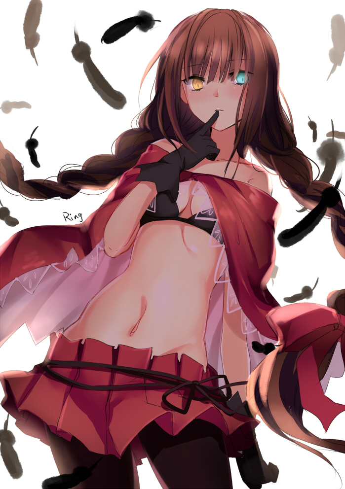 1girl, aki663, black_legwear, braid, feathers, gloves, green_eyes, heterochromia, long_hair, meimei_(shoujo_byou), midriff, navel, pantyhose, shoujo_byou, solo, soushou_crossline, twin_braids, yellow_eyes