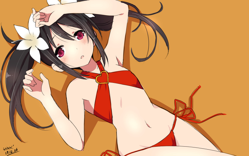 1girl, black_hair, blush, flat_chest, flower, hair_flower, hair_ornament, heart, long_hair, love_live!_school_idol_project, simple_background, solo, swimsuit, twintails, wara_(warapro), yazawa_nico