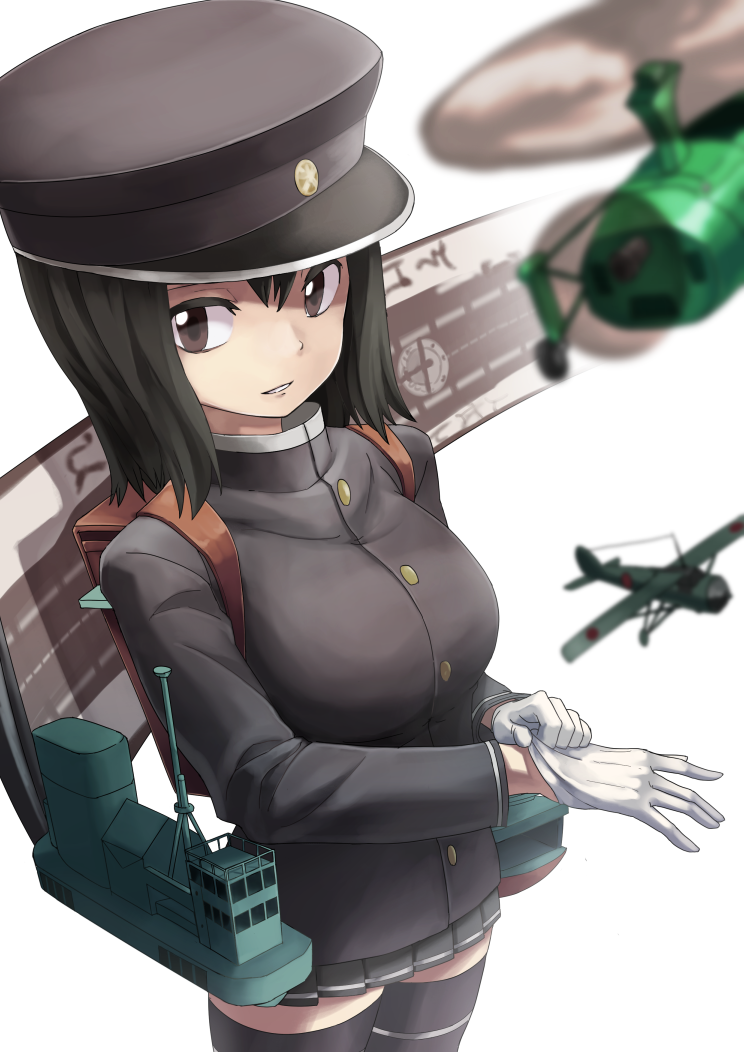 1girl, airplane, akitsu_maru_(kantai_collection), autogyro, backpack, bag, black_hair, black_legwear