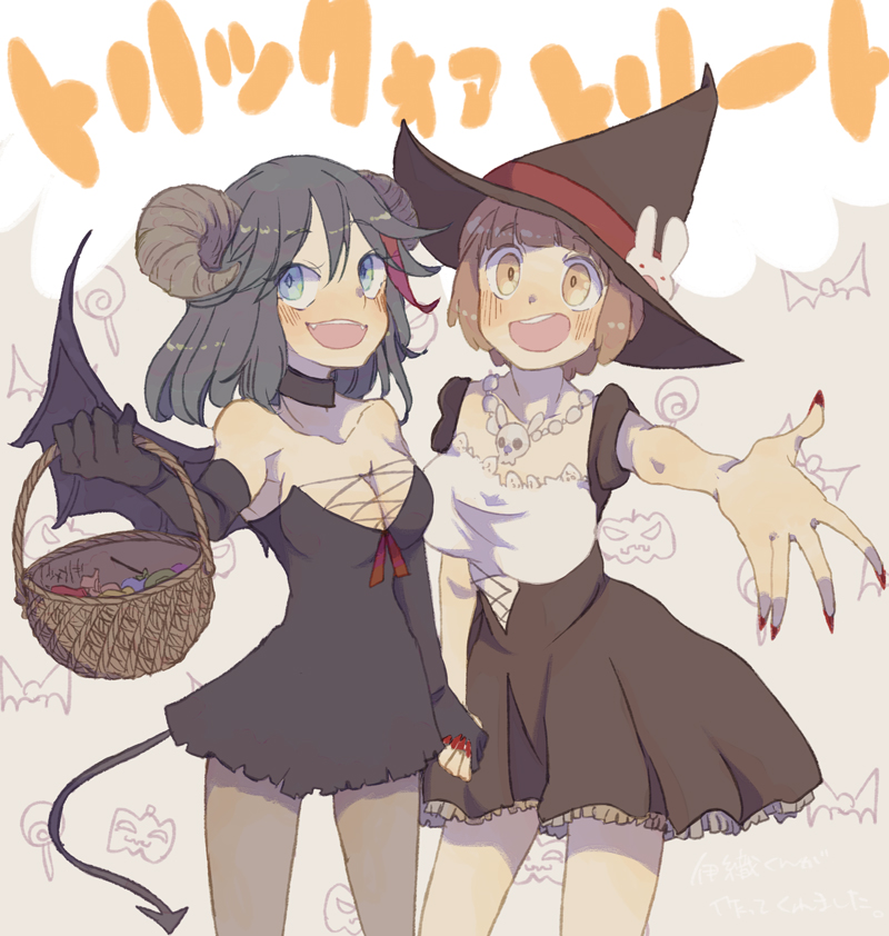2girls, basket, bat_wings, black_hair, brown_hair, choker, chokuboron_ryou, demon_tail