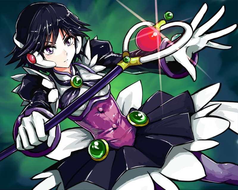 1girl, black_hair, corrector_yui, expressionless, fushoku, gem, gloves, green_background