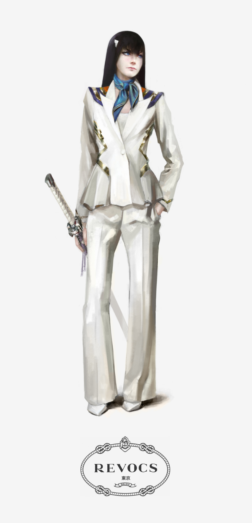1girl, absurdres, adapted_costume, black_hair, blazer, blue_eyes, hand_in_pocket, highres