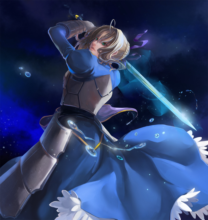 1girl, ahoge, armor, armored_dress, blonde_hair, dress, fate/stay_night, fate_(series)
