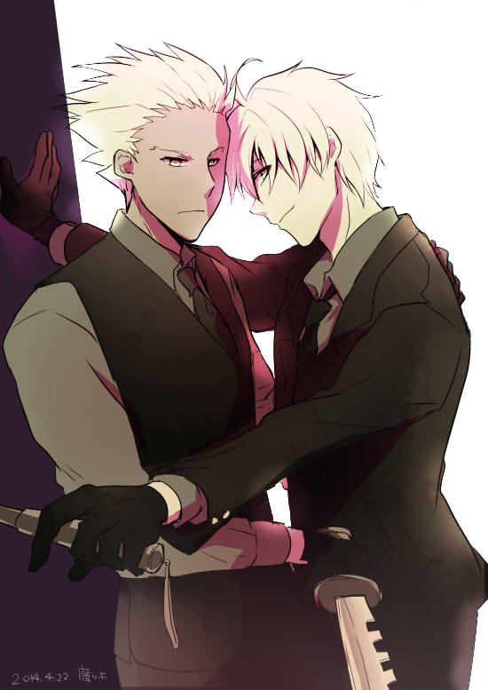 2boys, archer, fate/prototype, fate/stay_night, fate_(series), formal, gloves, knife, multiple_boys, reverse_grip, saber_(fate/prototype), suit, takatukisatoru, vest, waistcoat