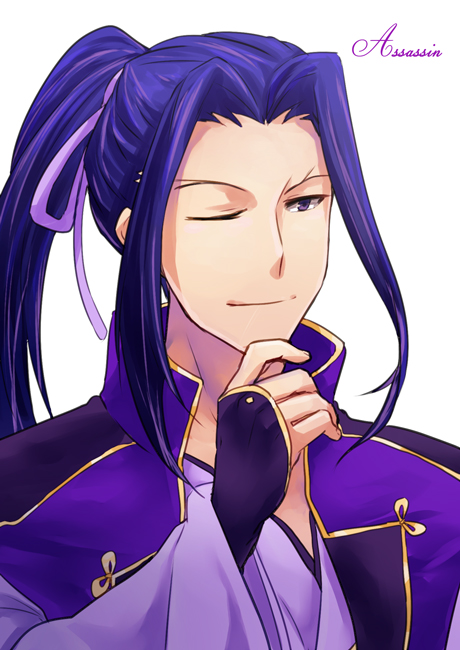 1boy, assassin_(fate/stay_night), blue_eyes, blue_hair, fate/stay_night, fate_(series), one_eye_closed, ponytail
