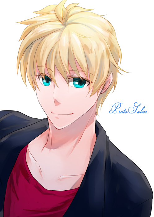 1boy, aqua_eyes, blonde_hair, casual, fate/prototype, fate_(series), saber_(fate/prototype), solo, takatukisatoru