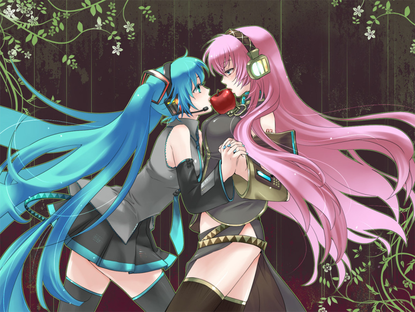 apple, aqua_eyes, aqua_hair, detached_sleeves, food, fruit, hand_holding, hatsune_miku