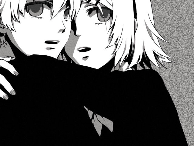 hair_ornament, hug, kagamine_len, kagamine_rin, monochrome, omoti, short_hair, siblings