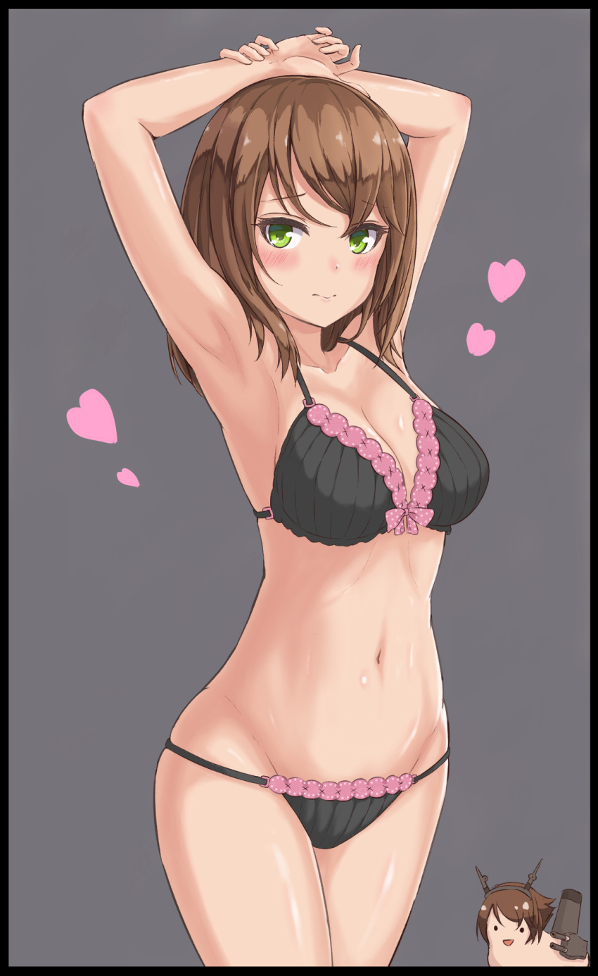 1girl, alternate_hairstyle, animalization, armpits, arms_up, black_bra, black_panties, blush, border, bra, breasts, brown_hair, cleavage, cowboy_shot, green_eyes, grey_background, hair_down, headgear, heart, highres, kantai_collection, looking_at_viewer, monoku, mutsu_(kantai_collection), mutsu_(snail), navel, panties, short_hair, snail, underwear