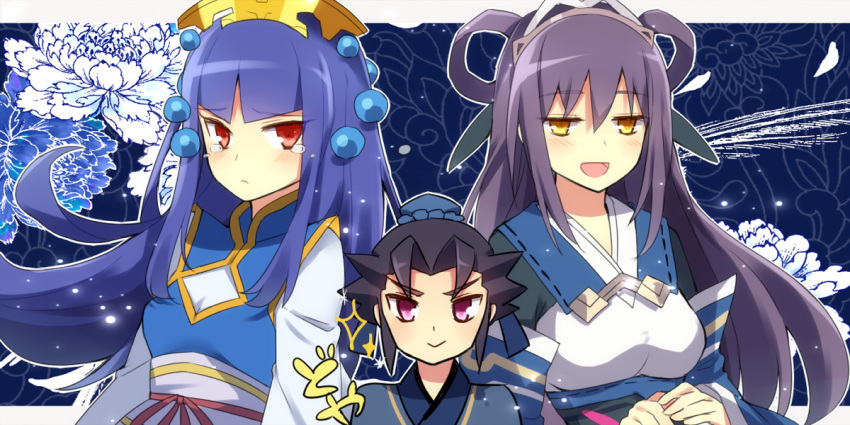 >:), 1boy, 2girls, :d, black_hair, blue_hair, hair_ornament, long_hair