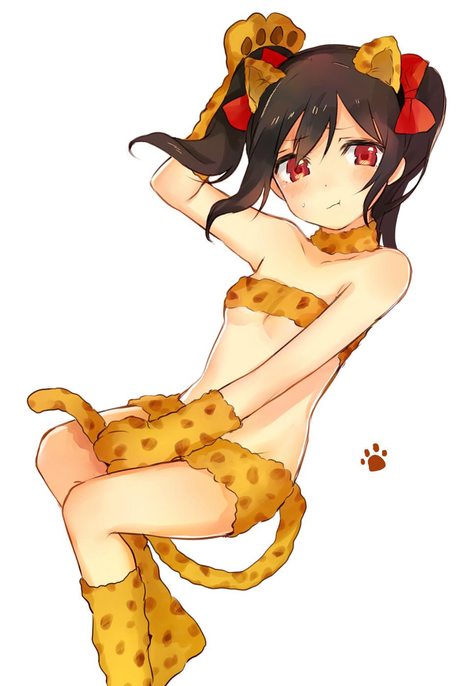 1girl, :t, animal_ears, bandeau, bare_shoulders, black_hair, blush, bow, cat_ears, cat_gloves, cat_tail, flat_chest, fur_collar, gmanee, hair_bow, highres, looking_at_viewer, love_live!_school_idol_project, pout, red_eyes, short_hair, solo, tail, twintails, wavy_mouth, white_background, yazawa_nico