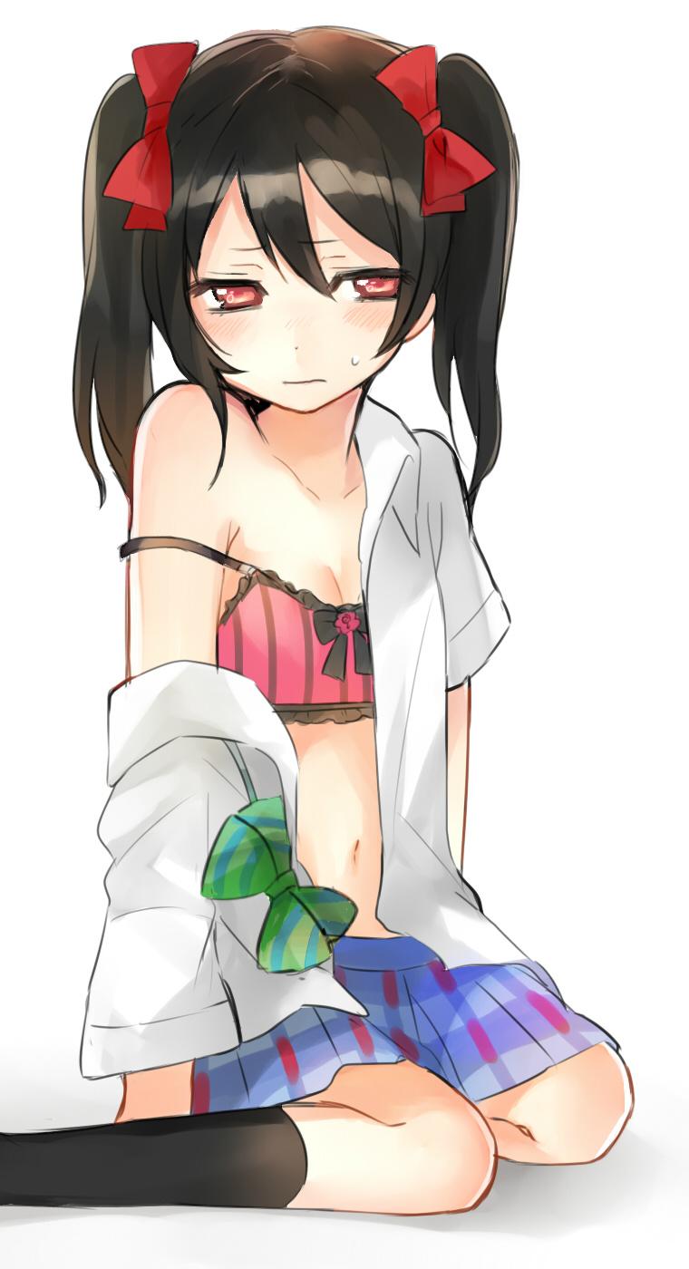 1girl, black_hair, black_legwear, blush, bow, bra, flat_chest, gmanee