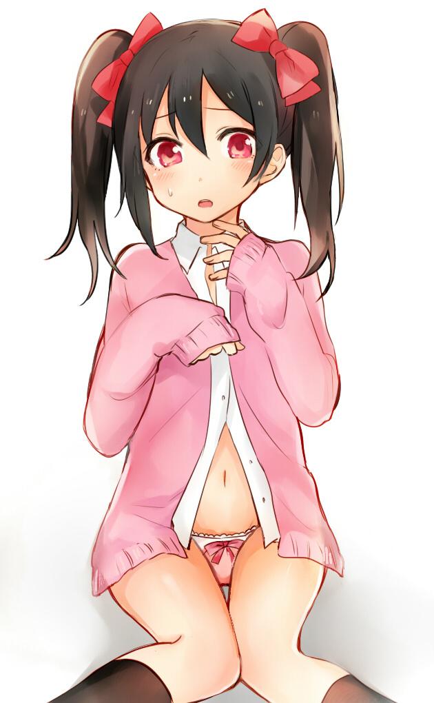 1girl, blush, bow, bow_panties, cardigan, gmanee, hair_bow, looking_at_viewer, love_live!_school_idol_project, navel, no_pants, panties, pink_panties, red_eyes, short_hair, solo, sweatdrop, twintails, unbuttoned, underwear, white_background, yazawa_nico