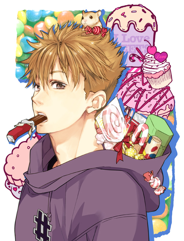 1boy, brown_eyes, candy, candy_cane, chocolate, cupcake, eating, english