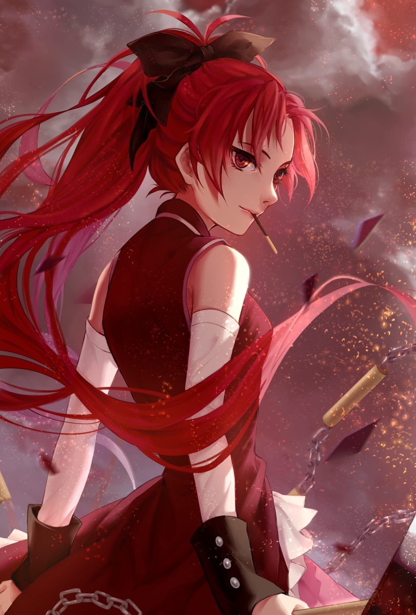 arm_warmers, dress, food, kyouko_sakura, long_hair, magical_girl, mahou_shoujo_madoka_magica, ponytail