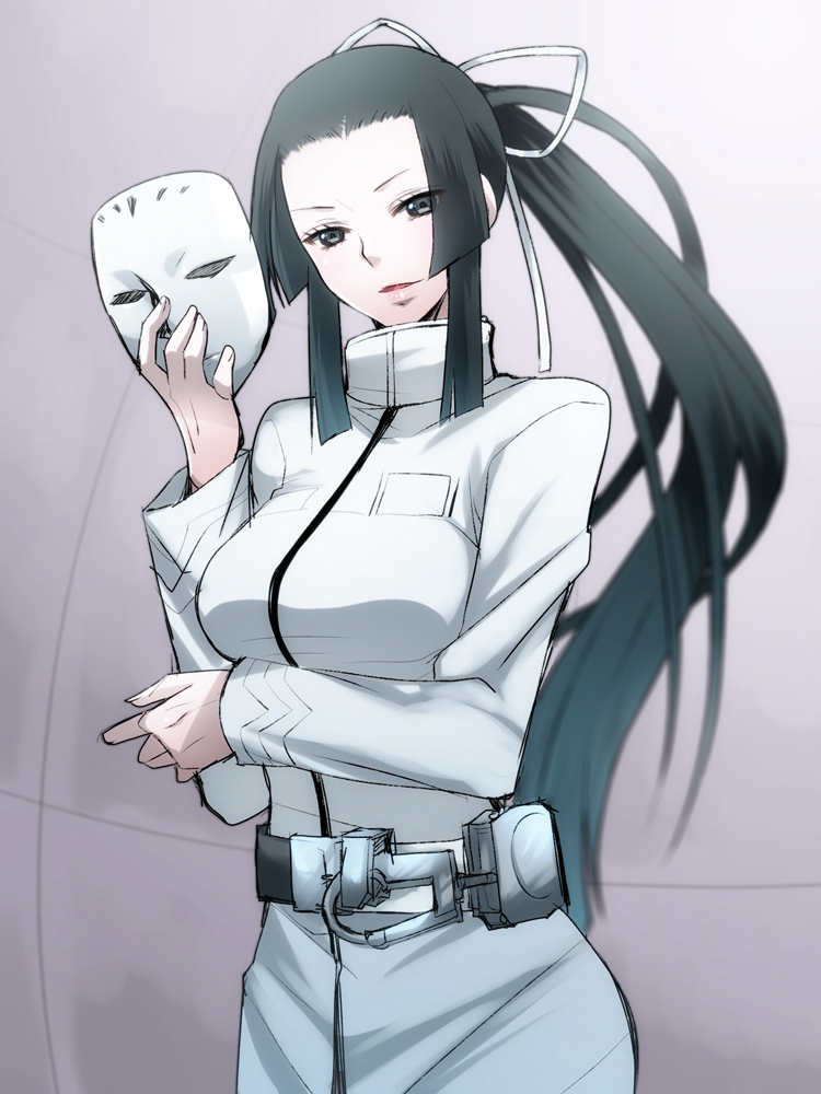 1girl, belt, black_eyes, black_hair, breasts, emappo, hair_ribbon, holding_arm