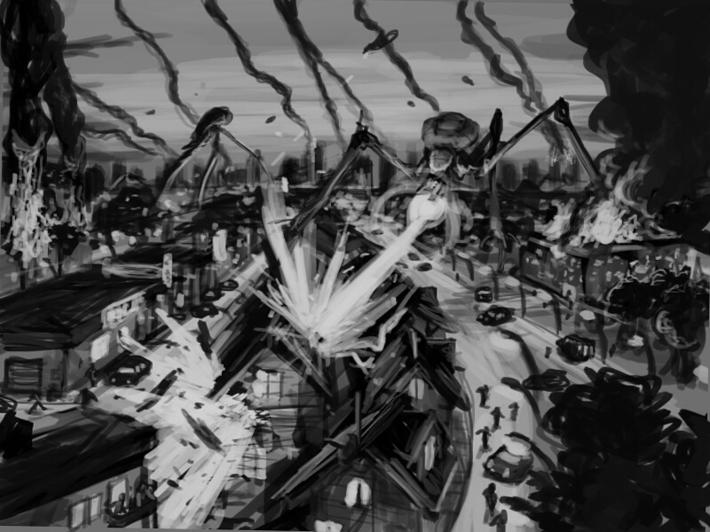 alien, cannon, combine_gunship, debris, destruction, fire, fromreach, greyscale, half-life_(series), half-life_2, monochrome, smoke, strider