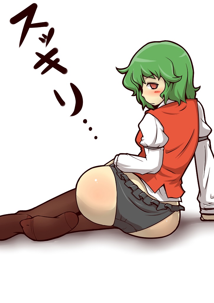 1girl, ass, blush, green_hair, kazami_yuuka, looking_back, panties, red_eyes