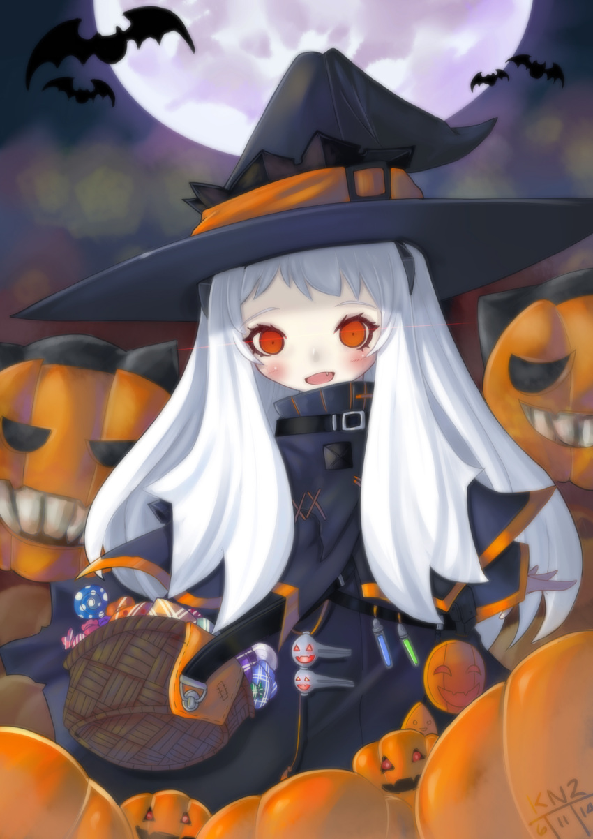 1girl, :d, alternate_costume, bat, capelet, fang, halloween, hat