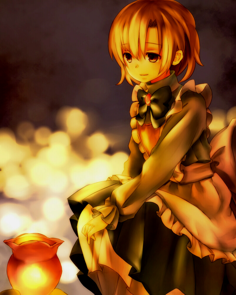 1girl, apron, bow, brown_eyes, brown_hair, elli_(harvest_moon), harvest_moon, lantern, long_dress, long_sleeves, pochiron, short_hair, sitting, smile, solo