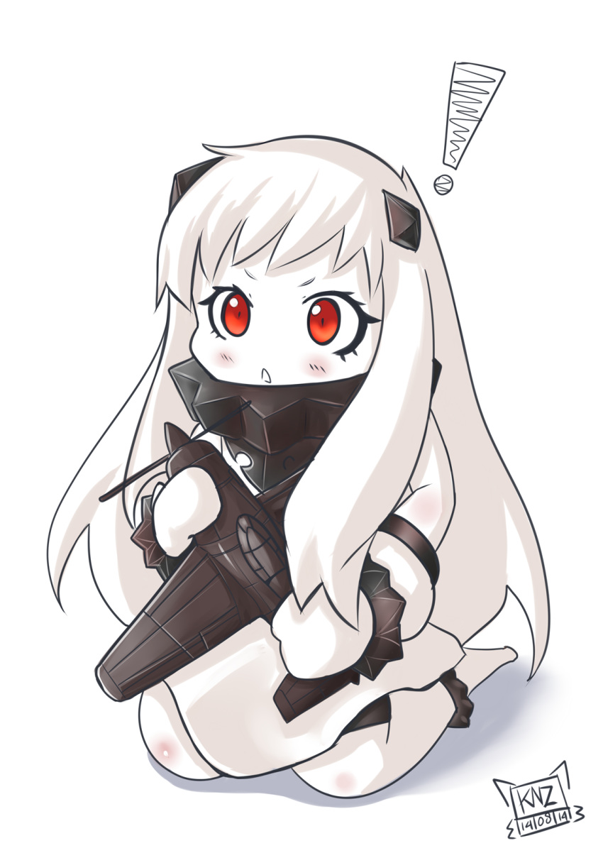 !, 1girl, airplane, dress, highres, holding, horns, kantai_collection, kuronekozero, long_hair, looking_at_viewer, mittens, northern_ocean_hime, red_eyes, seiza, shinkaisei-kan, simple_background, sitting, solo, triangle_mouth, white_background, white_dress, white_hair, white_skin
